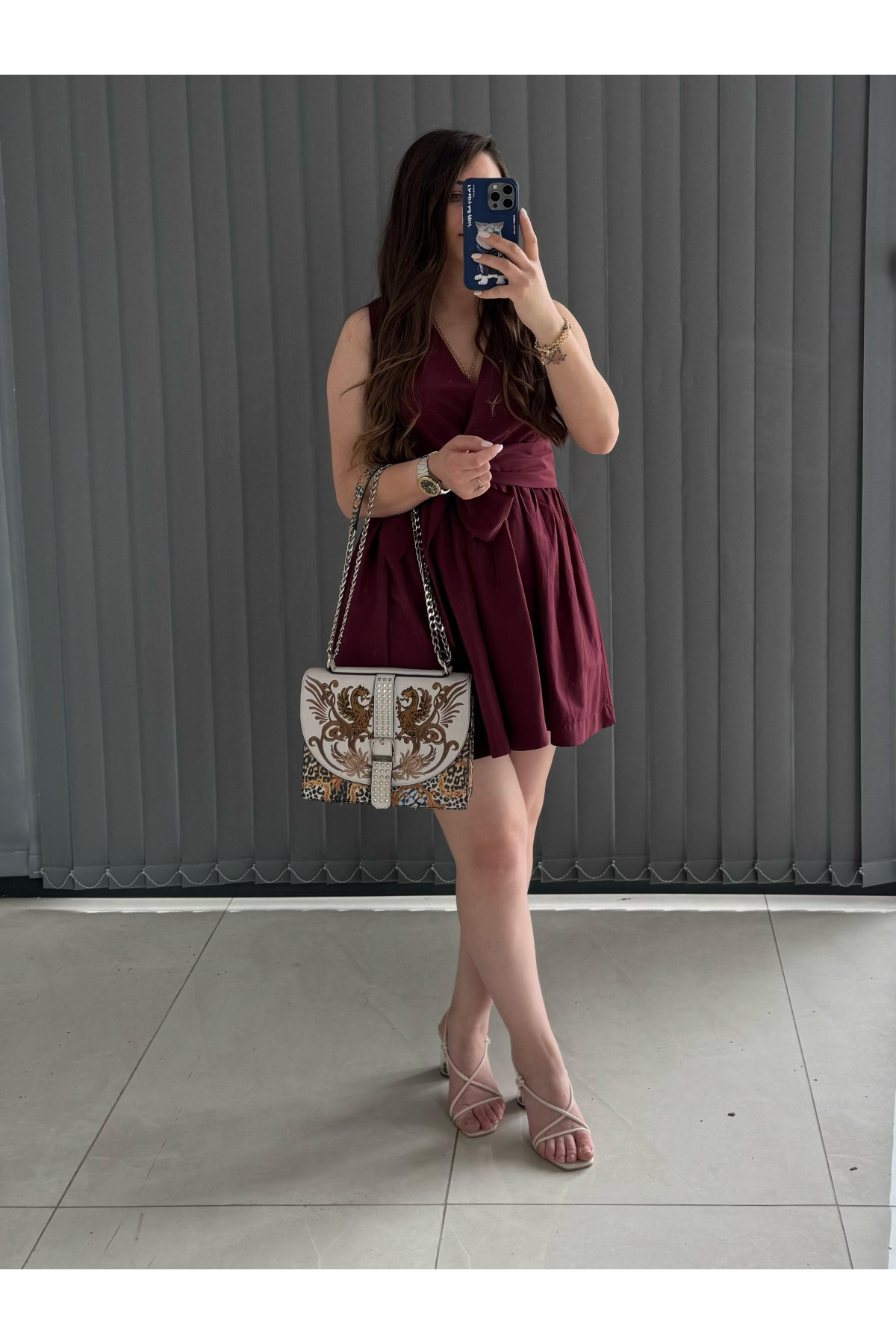 Bordo Fiyonk Detaylı Mini Elbise 